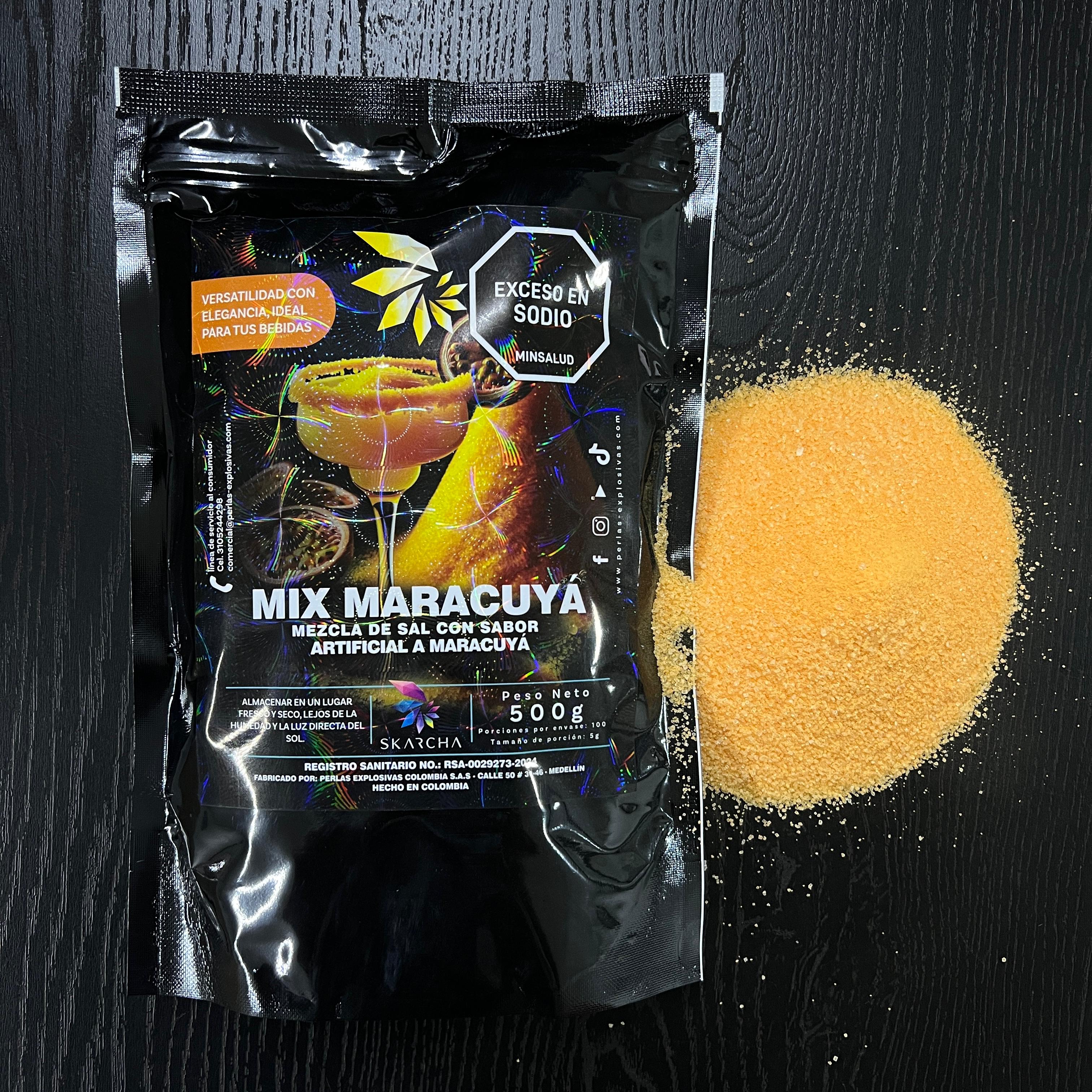 Bolsa Skarcha sal maracuya 250g — escarchador para bordes de cocteles, fondo blanco